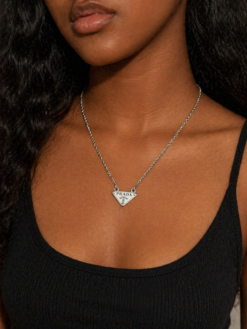 PRADA Silver Triangle Logo Pendant Necklace on Chain